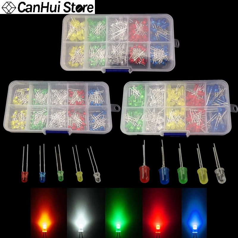 

200pcs/box 3mm+5mm 2-3V 20mA Colorful Diodes Universal F3 F5 LED Light Assorted Kit Red Green Blue Yellow White DIY LEDs Diode