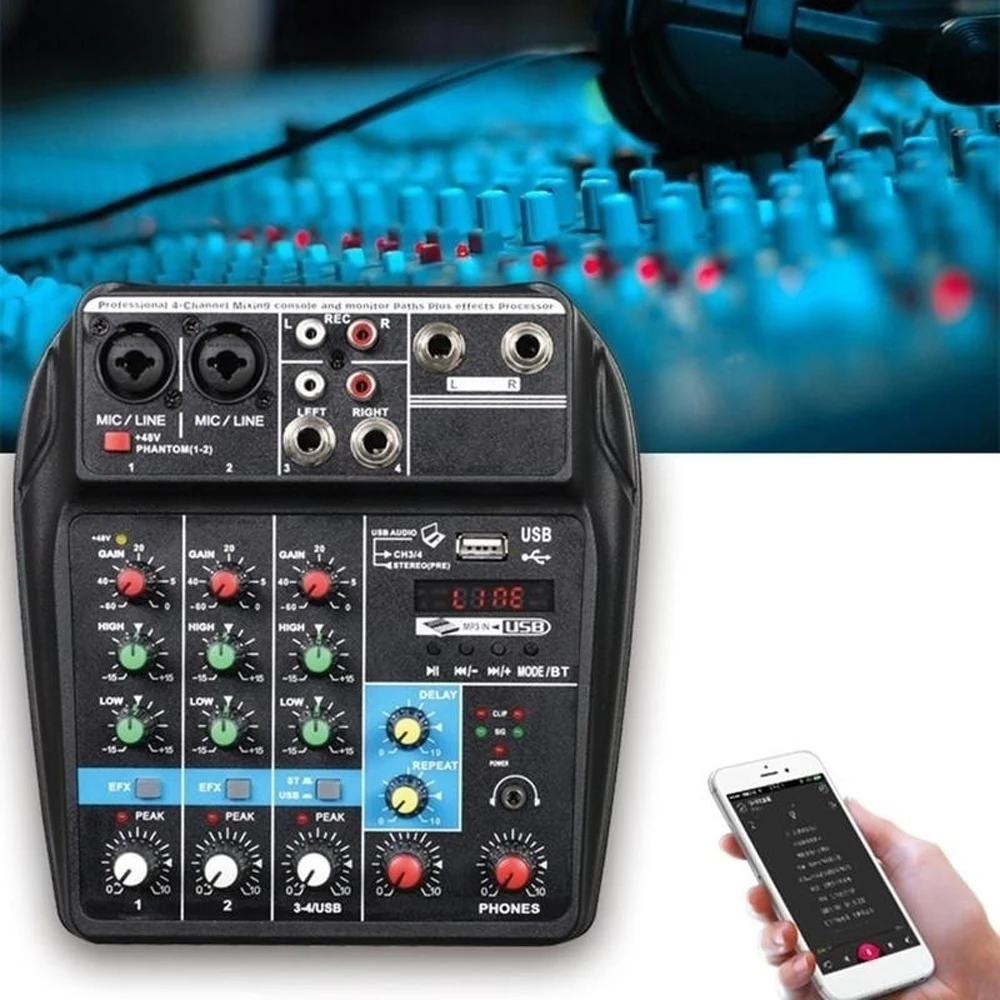 

TU04 BT 4 Channels Sound Mixing Console Record 48V Phantom Power Monitor AUX Paths Plus Effects Audio Mixer with USB