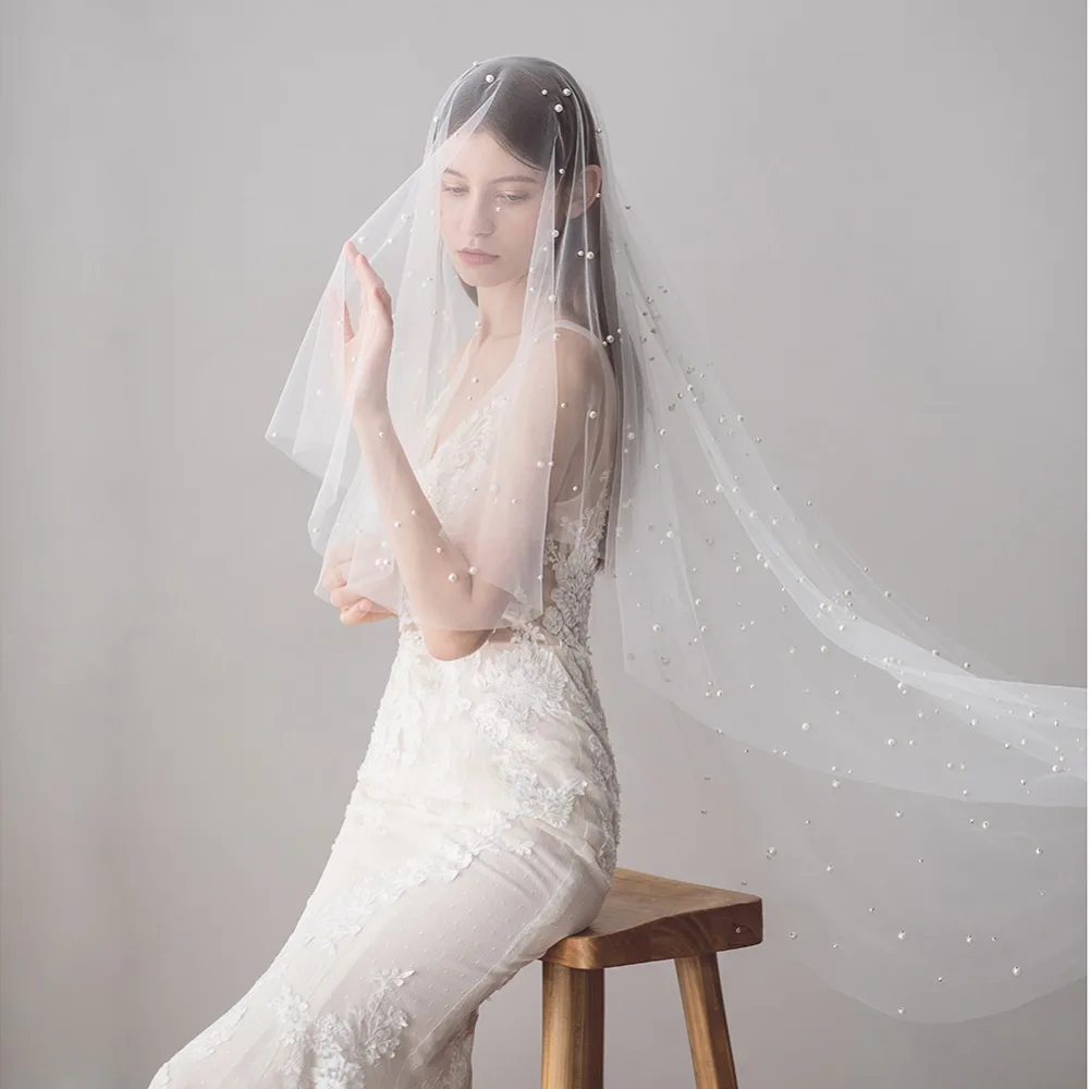 

New Elegant Long Wedding Veils Hair Faux Pearls Brides Veil for Woman Bridal Tulle Veil with Hair Combs in High Quality