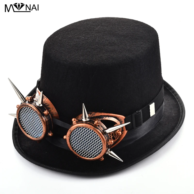 

Women Men Steampunk Top Hat With Punk Spikes Glasses Victorian Rivet Goggles Party Cosplay Hats Gothic Accessories