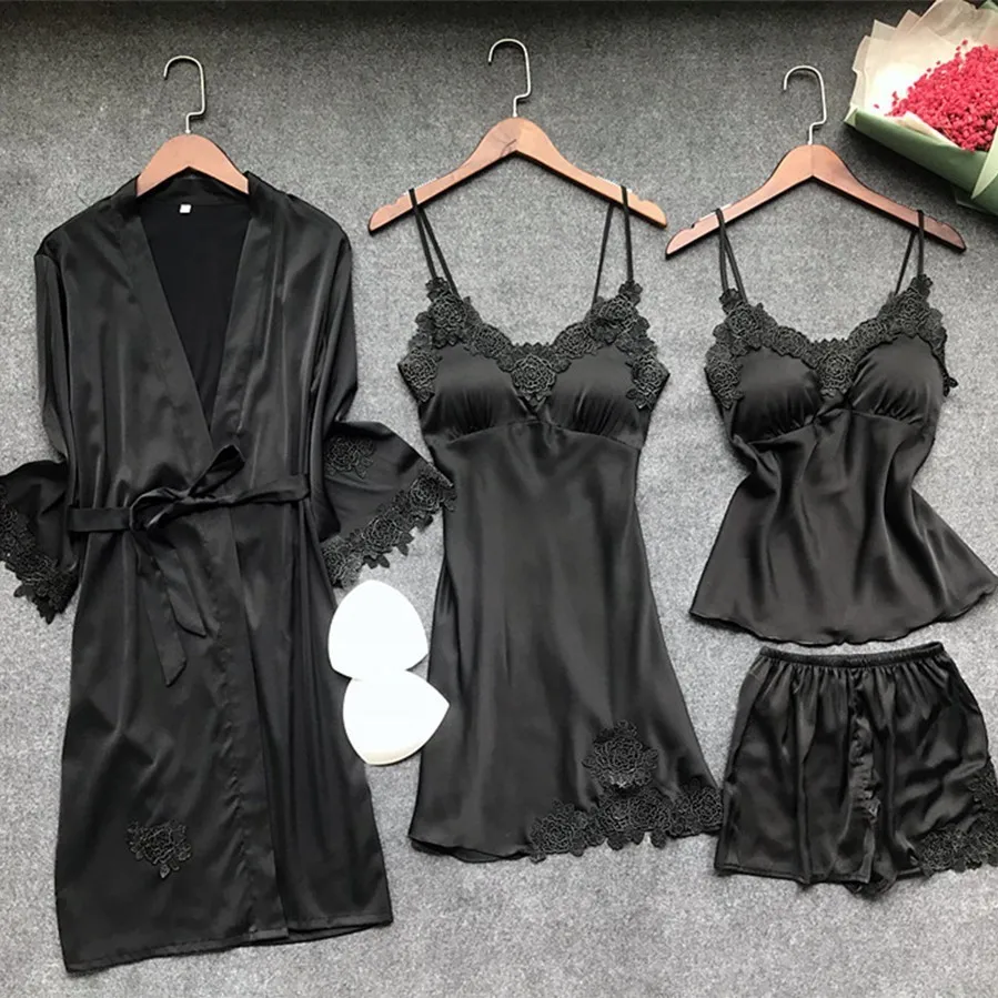 Lisacmvpnel 4 Pcs Ice Silk Pajama Set With Pad Nightgown+Cardigan+Short Set Lace Sexy Pyjama For Women
Lisacmvpnel 4 Pcs Ice Silk Pajama Set With Pad Nightgown+Cardigan+Short Set Lace Sexy Pyjama For Women
