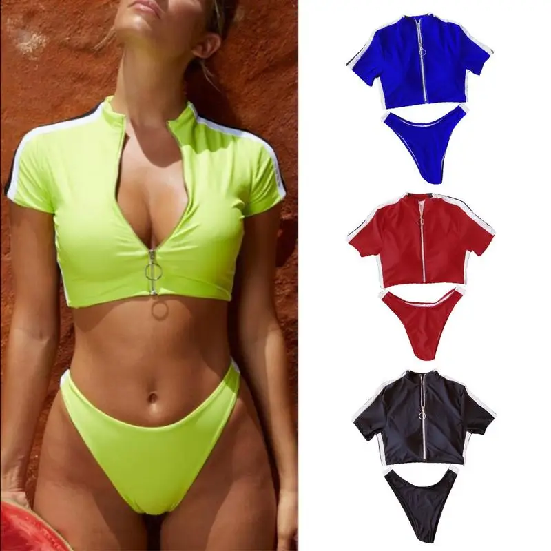 Split Swimwear Bikini 2Pcs Zipper Short Sleeve High Neck Chest Pad Crop Top + Bikini Bottom Sports Women Swimsuit Tankini Set
Split Swimwear Bikini 2Pcs Zipper Short Sleeve High Neck Chest Pad Crop Top + Bikini Bottom Sports Women Swimsuit Tankini Set