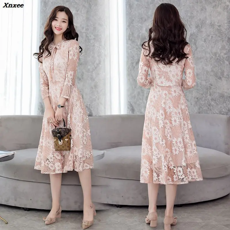 

Spring Autumn Lace Dress Work Casual Slim Fashion O-neck Sexy Hollow Out Dresses Women Long Sleeve A-line Vintage Vestidos Xnxee