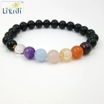 

Lii Ji Natural Stone Black Agate Hematite Clear Quartz Amethyst Aquamarine Bracelet Total size about 7.5''