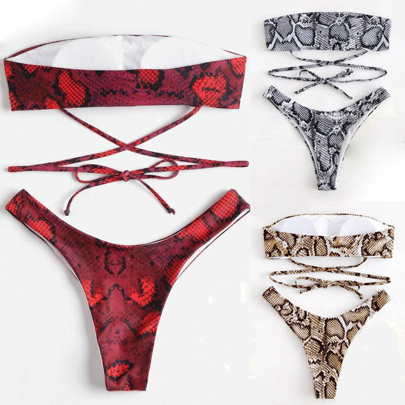 Sexy Lace up Snakeskin print Set Summer Bandeau bandage swimsuit biquinis holiday Padded Bra Thong bathing beach maillot de bain
Sexy Lace up Snakeskin print Set Summer Bandeau bandage swimsuit biquinis holiday Padded Bra Thong bathing beach maillot de bain
