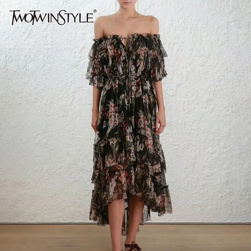 TWOTWINSTYLE Print Off Shoulder Beach Dress Women Slash Neck Short Sleeve Bandage Asymmetrical Midi Dresses Female 2019 Spring
TWOTWINSTYLE Print Off Shoulder Beach Dress Women Slash Neck Short Sleeve Bandage Asymmetrical Midi Dresses Female 2019 Spring