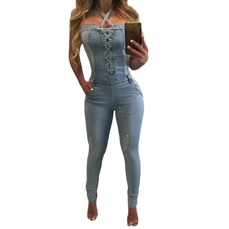 Sexy Sleeveless Strap Denim Jumpsuit For Women Ripped Overall Jeans Romper Slim Jean Jumpsuit Woman Backless One Piece pants
Sexy Sleeveless Strap Denim Jumpsuit For Women Ripped Overall Jeans Romper Slim Jean Jumpsuit Woman Backless One Piece pants
