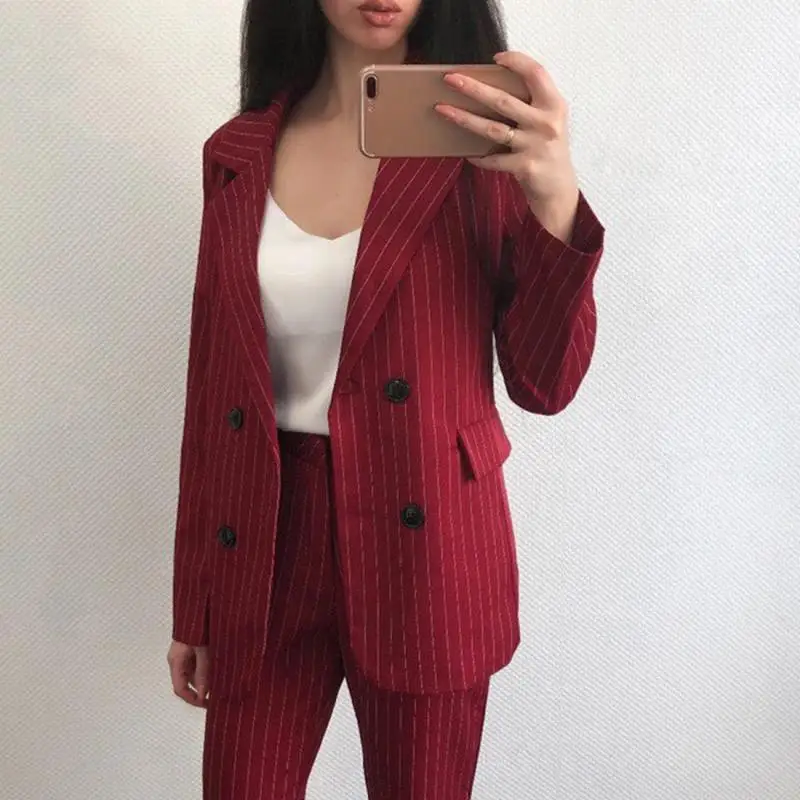 Fashion Pant Suits 2 Piece Set for Women Double Breasted Striped Blazer Jacket & Trouser Office Lady Wear to Business Suits
Fashion Pant Suits 2 Piece Set for Women Double Breasted Striped Blazer Jacket & Trouser Office Lady Wear to Business Suits