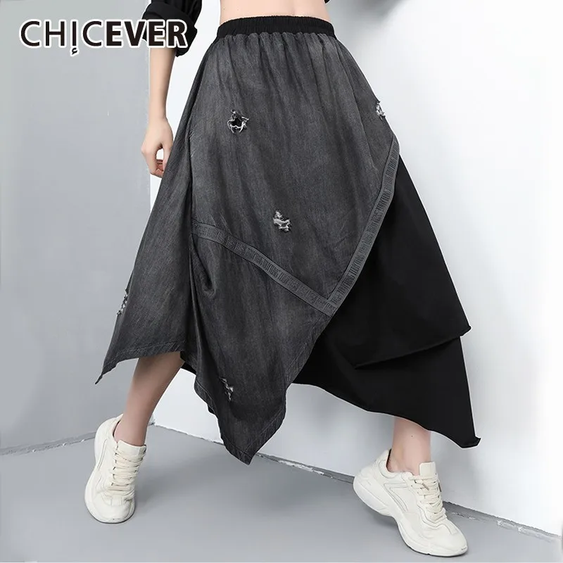 CHICEVER Spring New Patchwork Denim Women Skirt Elastic High Waist Hole Loose Big Size Irregular Skirts 2019 Fashion Tide
CHICEVER Spring New Patchwork Denim Women Skirt Elastic High Waist Hole Loose Big Size Irregular Skirts 2019 Fashion Tide