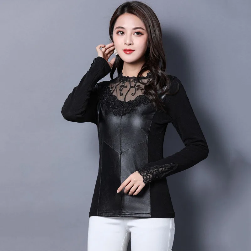 1pcs Ladies Plus size blouses tops 2018 Winter Lace PU Leather Splicing Hollow thickening Primer shirt womens Retro Sexy shirts
1pcs Ladies Plus size blouses tops 2018 Winter Lace PU Leather Splicing Hollow thickening Primer shirt womens Retro Sexy shirts