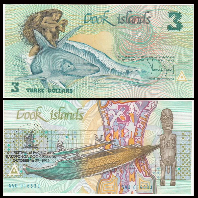 Cook Island 3 Dollars, 1992, P-6, A-UNC, Spot, Pacific Arts Festival Commemorative, Collection, Gift, Original, Genuine
Cook Island 3 Dollars, 1992, P-6, A-UNC, Spot, Pacific Arts Festival Commemorative, Collection, Gift, Original, Genuine