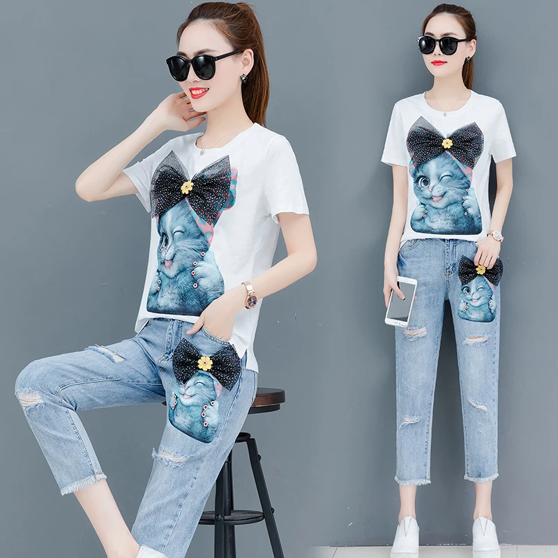 2019 Summer New Women Cartoon T Shirts Jeans Suits Casual Cat Short Sleeve T Shirt + Hole Denim Pants Sets for Ladies Plus Size
2019 Summer New Women Cartoon T Shirts Jeans Suits Casual Cat Short Sleeve T Shirt + Hole Denim Pants Sets for Ladies Plus Size