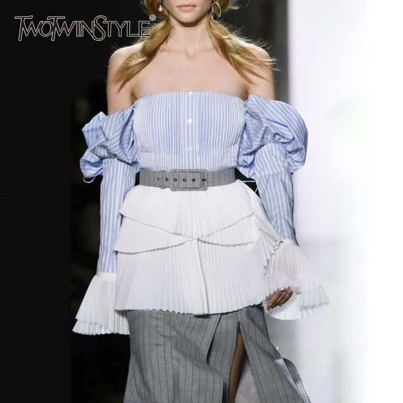 TWOTWINSTYLE Off Shoulder Sexy Women Blouse Slash Neck Flare Sleve Patchwork Hit Color Striped Shirt Female Korean 2019 Spring
TWOTWINSTYLE Off Shoulder Sexy Women Blouse Slash Neck Flare Sleve Patchwork Hit Color Striped Shirt Female Korean 2019 Spring