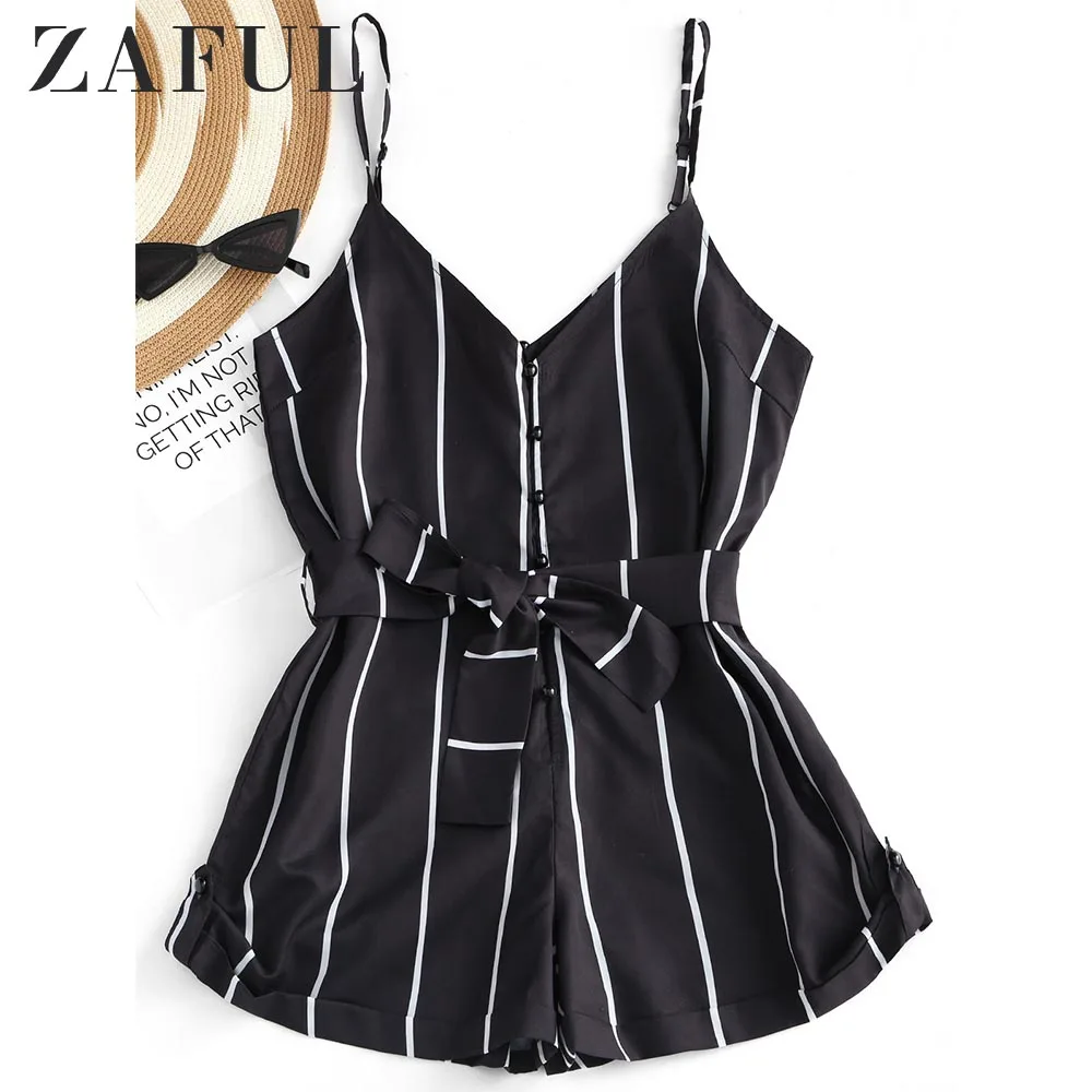 

ZAFUL Striped Belted Cami Romper Spaghetti Strap Playsuits Women Summer Overalls Jumpsuit Female Shorts Office Streetwear 2019