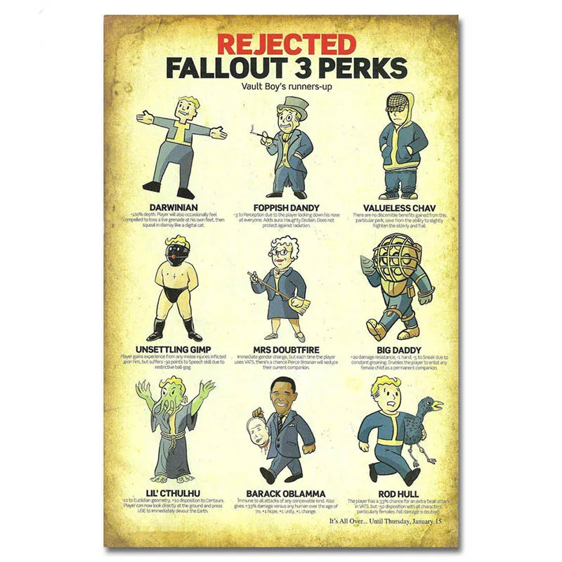 Rejected Fallout 3 Perks Vintage Tin Sign Art Painting Bar Pub Cafe Garage Hotel House Wall Decor Metal Poster Size:20*30cm
Rejected Fallout 3 Perks Vintage Tin Sign Art Painting Bar Pub Cafe Garage Hotel House Wall Decor Metal Poster Size:20*30cm