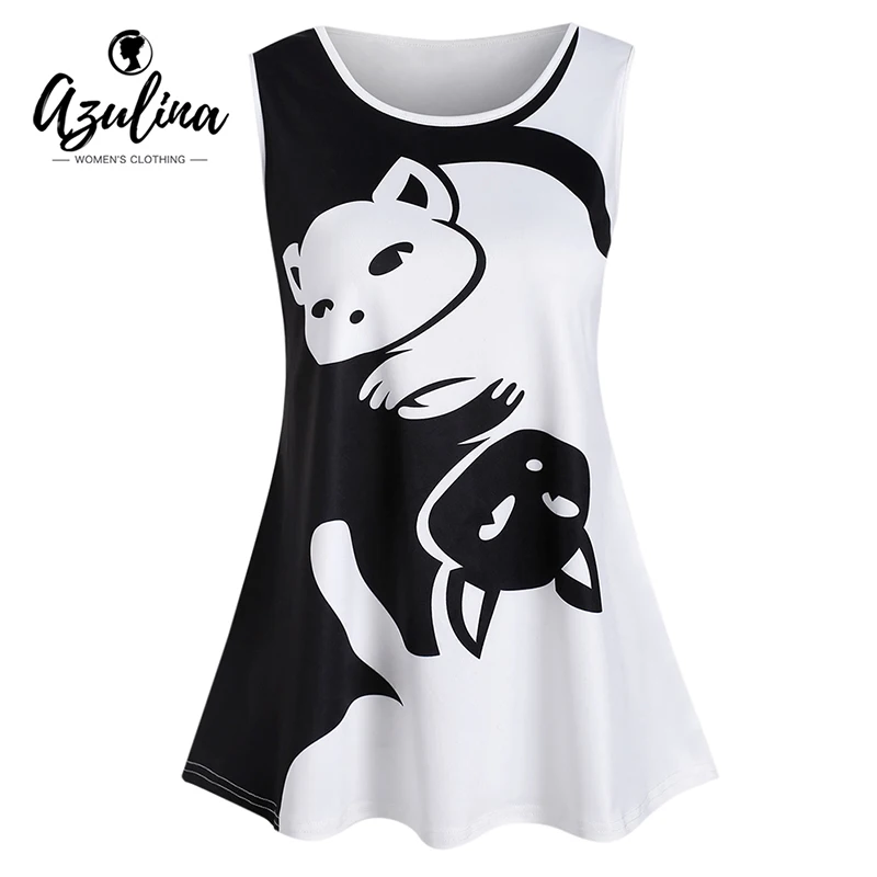 

Rosegal Valentine Plus Size Two Tone Cat Pattern Tank Top Women Tops Summer Casual Round Neck Sleeveless Pullovers Lady Clothes
