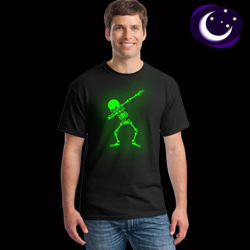 

Hip Hop Fluorescent Dabbing Skeleton Mens T-Shirt Punk Black Shirts Luminous Men Funny Skull T Shirts Glow In Dark Mele Tees