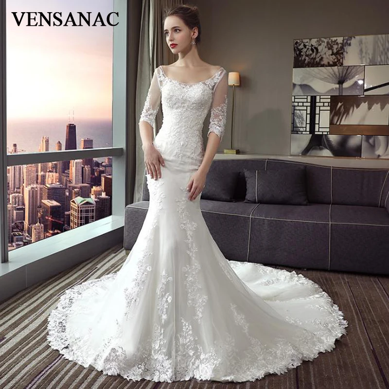 VENSANAC Illusion Pearls Scoop Neck Mermaid Lace Appliques Wedding Dresses Half Sleeve Court Train Backless Bridal Gowns
VENSANAC Illusion Pearls Scoop Neck Mermaid Lace Appliques Wedding Dresses Half Sleeve Court Train Backless Bridal Gowns