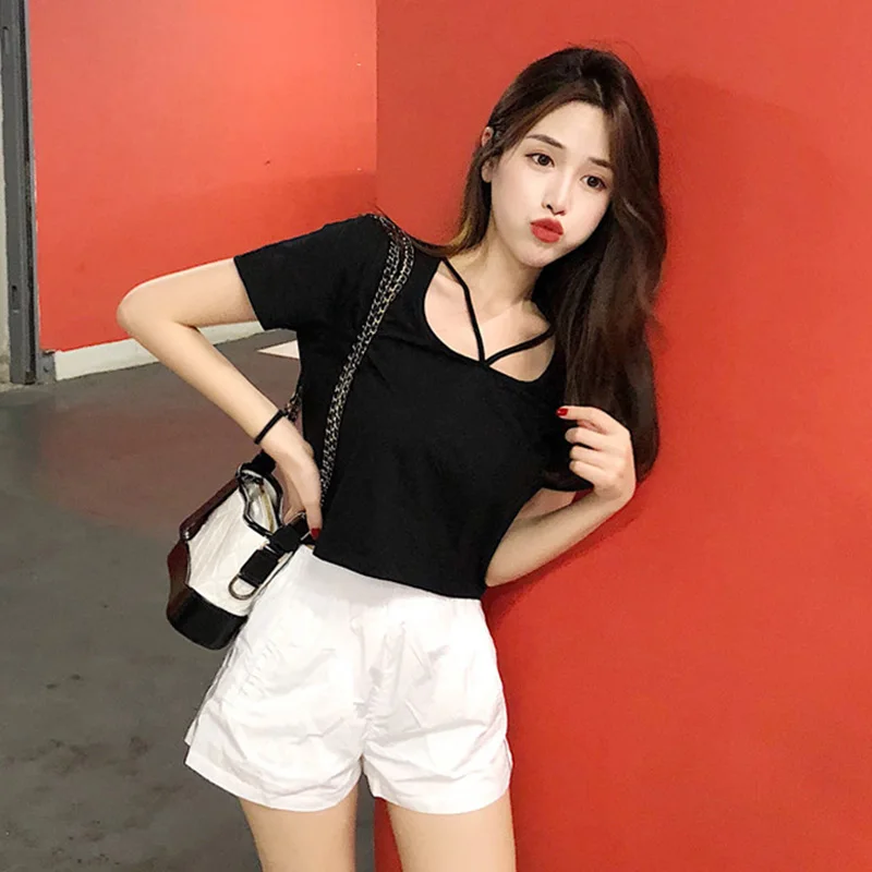 Lychee Girls Hollow Out Backless Tee Square Collar Short Sleeve Women T-Shirt Korean Style Summer Casual T Shirt Streetwear | Женская