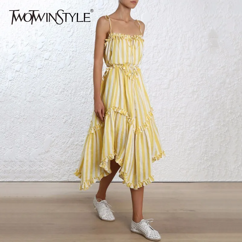 TWOTWINSTYLE Striped Dress Lace Up Backless Ruffles Patchwork Irregular Draped Long Spaghetti Strap Dresses 2019 Summer Sweet
TWOTWINSTYLE Striped Dress Lace Up Backless Ruffles Patchwork Irregular Draped Long Spaghetti Strap Dresses 2019 Summer Sweet