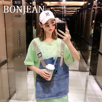 BONJEAN Denim Patchwork Shirt for Women 2019 Loose Tops and Tees Short Sleeve Summer T Shirt Fake Two Piece Long Shirt BJ1223
BONJEAN Denim Patchwork Shirt for Women 2019 Loose Tops and Tees Short Sleeve Summer T Shirt Fake Two Piece Long Shirt BJ1223