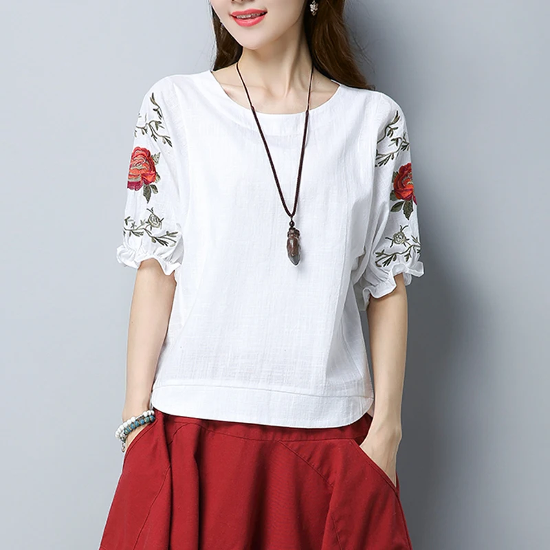 2019 Spring Summer Women Elegant O Neck Short Sleeve Cotton Linen Shirts Tops Casual Vintage Floral Embroidery Loose Blouse
2019 Spring Summer Women Elegant O Neck Short Sleeve Cotton Linen Shirts Tops Casual Vintage Floral Embroidery Loose Blouse