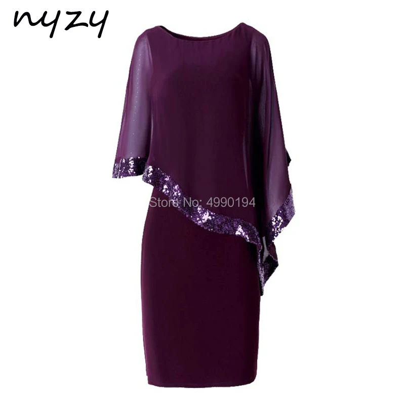 

NYZY M121 Elegant Chiffon Scoop Sheath Mother of the Bride Dresses Cape Sleeves Knee Length Wedding Guest Gown Custom Made 2019