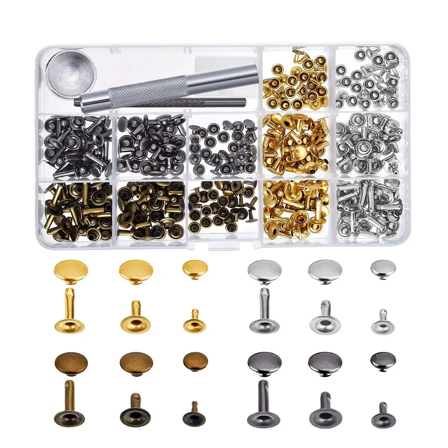 180 Set 3 Sizes Leather Rivets Single Cap Rivet Tubular Metal Studs With 3 Pieces Fixing Tool For Diy Leather Craft Rivets Rep
180 Set 3 Sizes Leather Rivets Single Cap Rivet Tubular Metal Studs With 3 Pieces Fixing Tool For Diy Leather Craft Rivets Rep