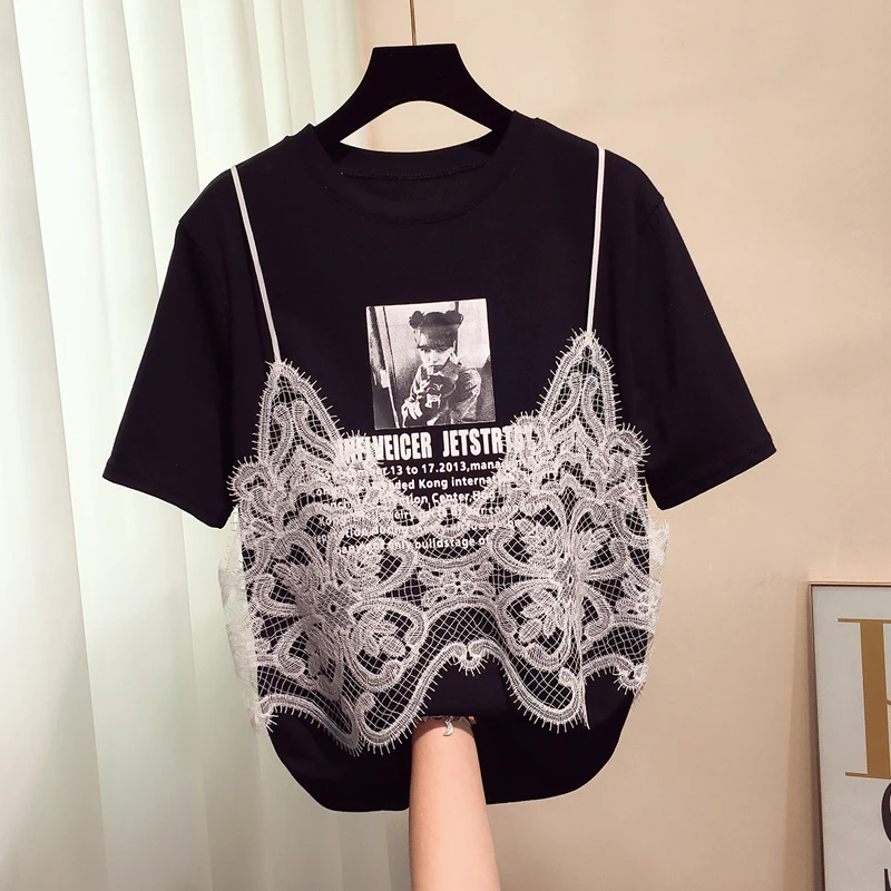 Lace Stitching Letter Short Sleeve T-shirt with Loose Faux Two Pieces Tops 2019 Summer Cotton Tee Mesh Top Vintage | Женская одежда