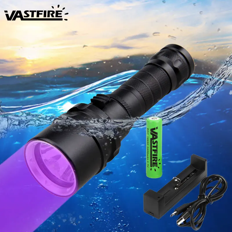 Underwater 395nm 100M XPE UV Light LED Scuba Diving Flashlight 10W 365-395nm Purple Torch Build-in 18650 Battery & Usb Charger
Underwater 395nm 100M XPE UV Light LED Scuba Diving Flashlight 10W 365-395nm Purple Torch Build-in 18650 Battery & Usb Charger