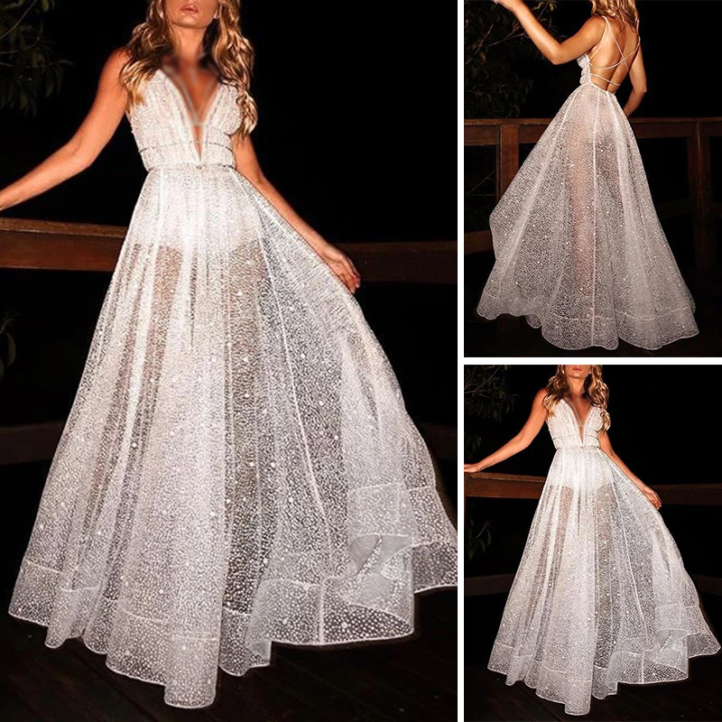 Women's Long Dress Strappy Backless Sleeveless See Through Lace Deep V Neck Sexy
Women's Long Dress Strappy Backless Sleeveless See Through Lace Deep V Neck Sexy