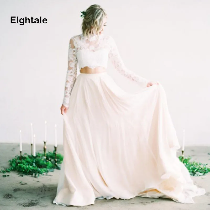 Eightale Two Piece Beach Wedding Dress Boho High Neck Appliques Lace Top A-Line Chiffon Bridal Dress Wedding Gowns with Sleeves
Eightale Two Piece Beach Wedding Dress Boho High Neck Appliques Lace Top A-Line Chiffon Bridal Dress Wedding Gowns with Sleeves