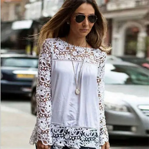 Women Blouse Chiffon Long Sleeve Ladies Hollow out Shirt Casual Lace White Plus size loose blusas |