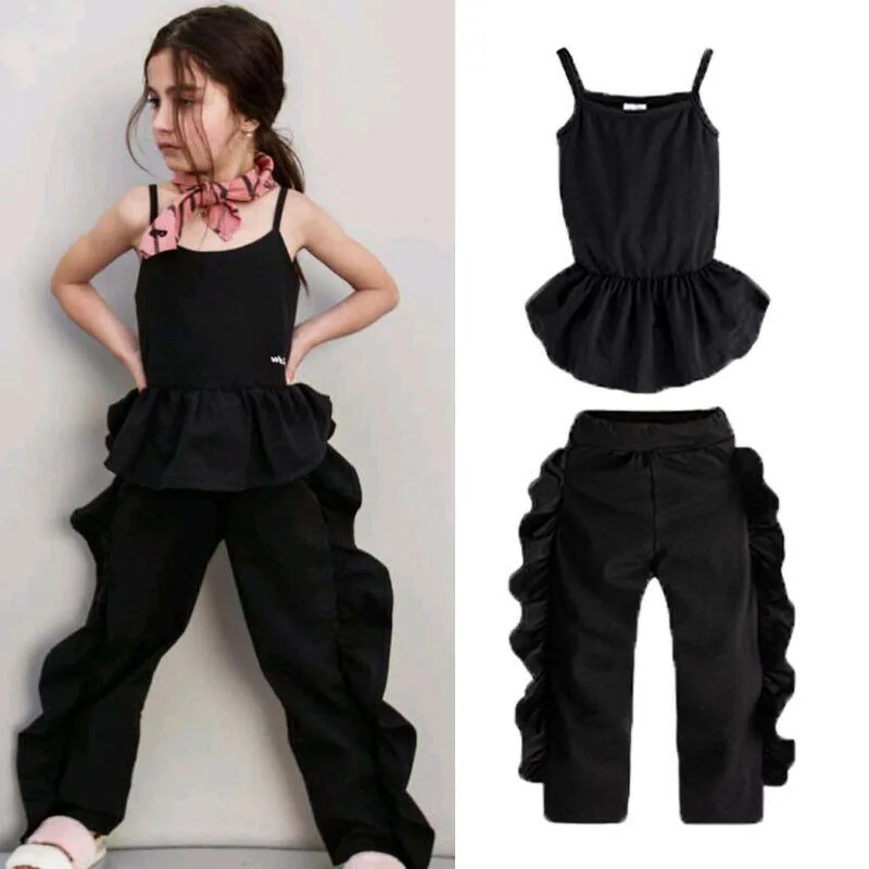 Fashion Kids Baby Girls Summer Outfits Black 2Pcs Sleeveless Sling Vest Tops Loose Ruffles Pants Leggings Girl Clothes Sets 1-6Y
Fashion Kids Baby Girls Summer Outfits Black 2Pcs Sleeveless Sling Vest Tops Loose Ruffles Pants Leggings Girl Clothes Sets 1-6Y