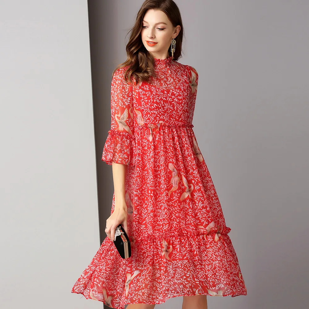 2019 Spring Women Stand Collar Frill Trim Horn Elbow-Sleeve Loose Printed Dress Pullover High Waist A-line
2019 Spring Women Stand Collar Frill Trim Horn Elbow-Sleeve Loose Printed Dress Pullover High Waist A-line