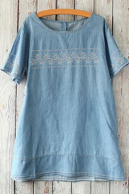 Joineles Embroidered Denim Short Sleeves Women Top Round Neck A Line Back Button Blouse Blue Summer Casual Feminino Blusas
Joineles Embroidered Denim Short Sleeves Women Top Round Neck A Line Back Button Blouse Blue Summer Casual Feminino Blusas