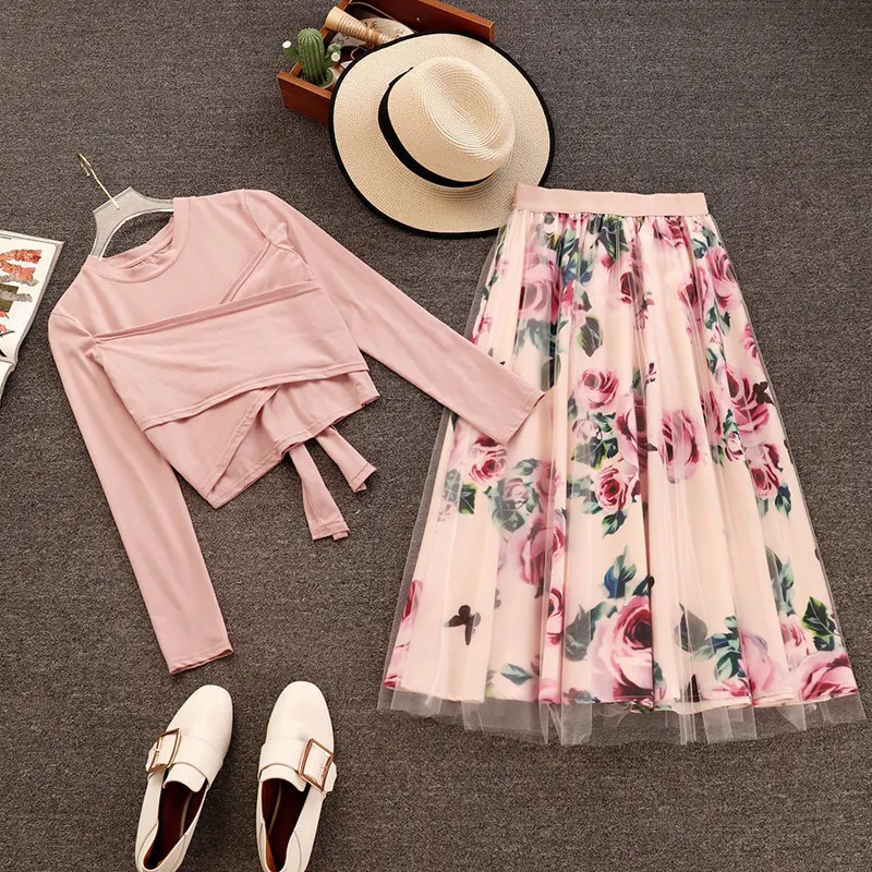 2 Piece Set Women Skirts Suits Plus Size Summer Autumn Cross Bow Long Sleeve Crop Top Pink T Shirt + Floral Tulle Long Skirt Set
2 Piece Set Women Skirts Suits Plus Size Summer Autumn Cross Bow Long Sleeve Crop Top Pink T Shirt + Floral Tulle Long Skirt Set
