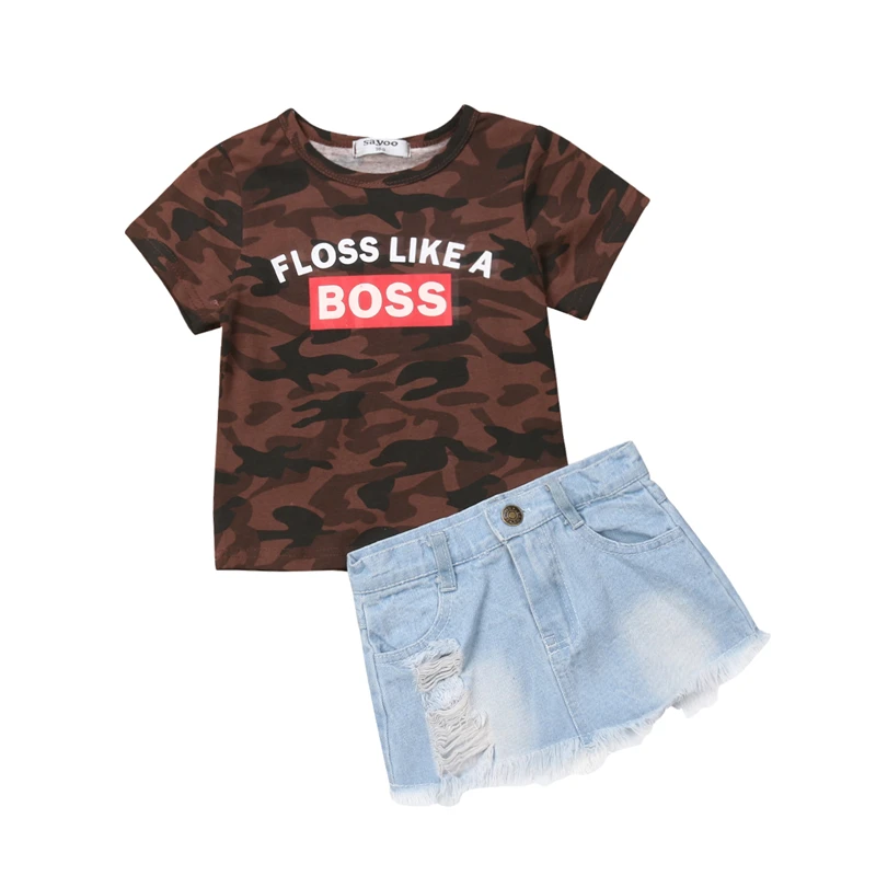 Kids Girl Clothing Set Children Outfit Camouflage Short Sleeve T-shirt Top Hole Denim Skirt Children Clothes Set Girls Tracksuit
Kids Girl Clothing Set Children Outfit Camouflage Short Sleeve T-shirt Top Hole Denim Skirt Children Clothes Set Girls Tracksuit