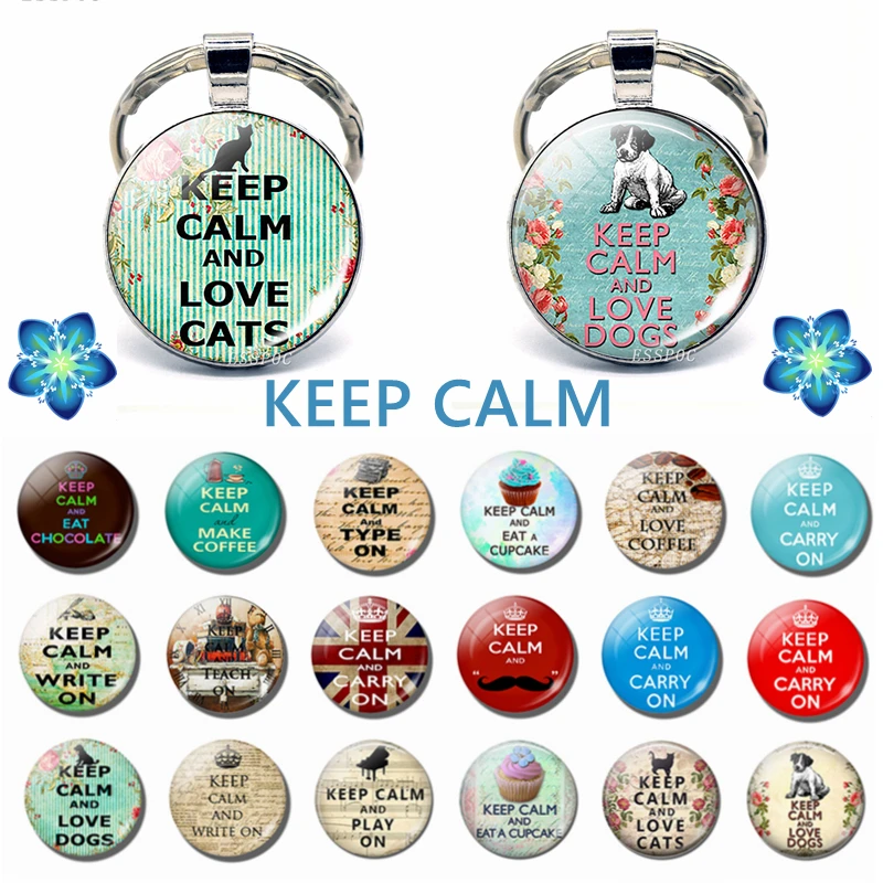 

Keep Calm and Carry on Love Cats Dogs Coffee Cupcake Quote Keychain Pendant Glass Cabochon Jewelry Car Key Ring Women Men Gifts