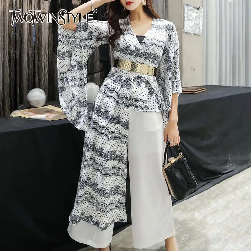 TWOTWINSTYLE Hit Color Two Piece Sets Female V Neck Flare Sleeve Asymmetrical Tops High Waist Wide Leg Pants Womens Suits 2019
TWOTWINSTYLE Hit Color Two Piece Sets Female V Neck Flare Sleeve Asymmetrical Tops High Waist Wide Leg Pants Womens Suits 2019