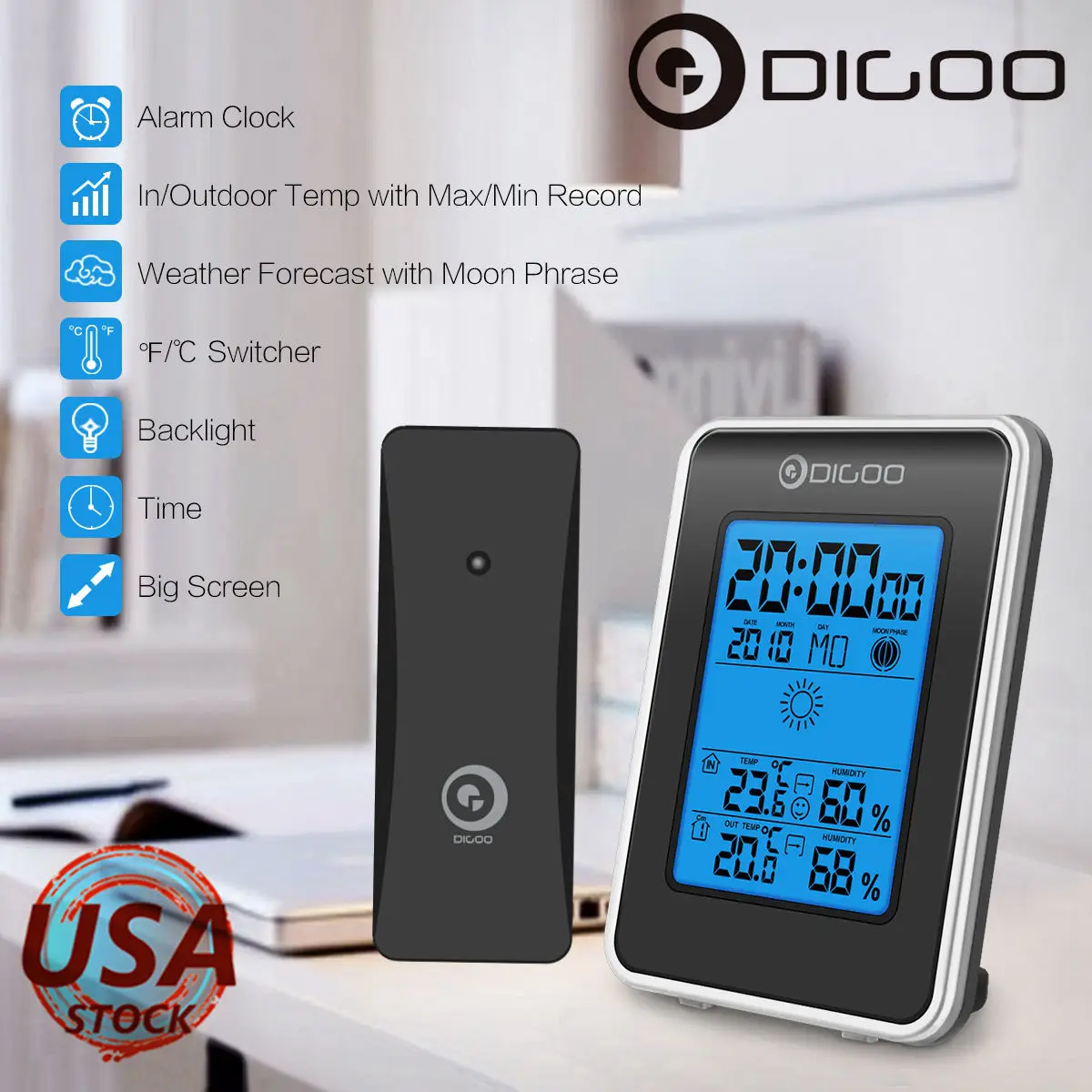 Digoo DG-TH1981 Digital Wireless Weather Station Home Hygrometer Thermometer Meter Indoor Outdoor Forecast Sensor Clock Backlit
Digoo DG-TH1981 Digital Wireless Weather Station Home Hygrometer Thermometer Meter Indoor Outdoor Forecast Sensor Clock Backlit
