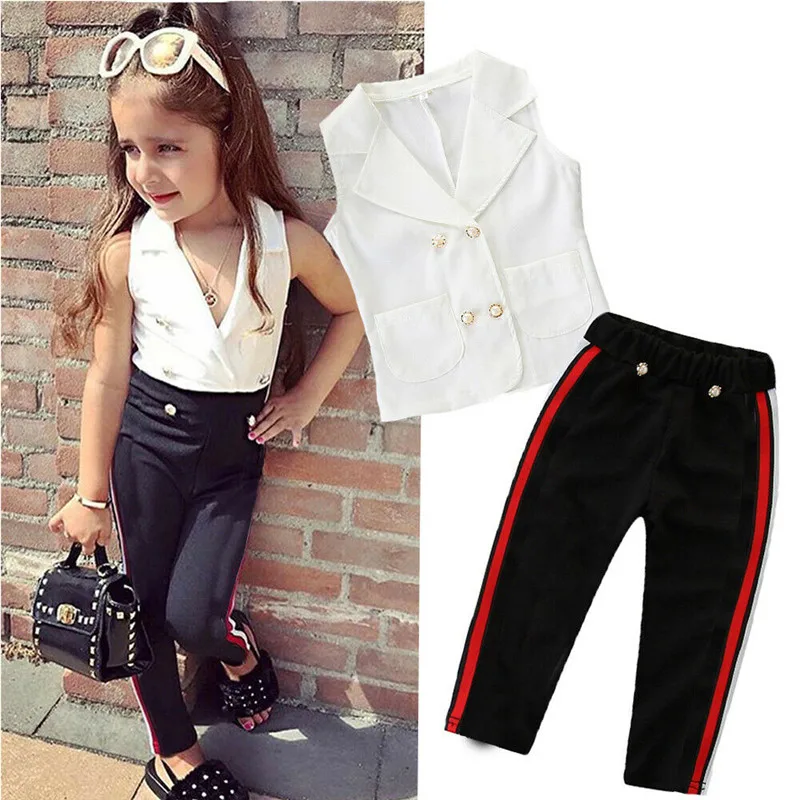 Summer Kids Girls Clothes Sets V-Neck Button Vest Tops with Pockets Side Striped Pants 2Pcs Children Girl Party Outfits 1-7Y
Summer Kids Girls Clothes Sets V-Neck Button Vest Tops with Pockets Side Striped Pants 2Pcs Children Girl Party Outfits 1-7Y