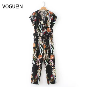 

VOGUEIN New Womens Colorful Floral Print Short Sleeve V-Neck Belt Jumpsuit Playsuit Wholesale