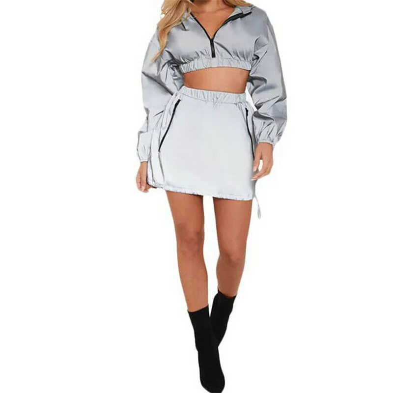 Women Reflective Tracksuit leisure Zipper Long Sleeve Hooded Sweatshirts Crop Tops Pockets Mini Skirt Night Outwear 2 Piece Set
Women Reflective Tracksuit leisure Zipper Long Sleeve Hooded Sweatshirts Crop Tops Pockets Mini Skirt Night Outwear 2 Piece Set