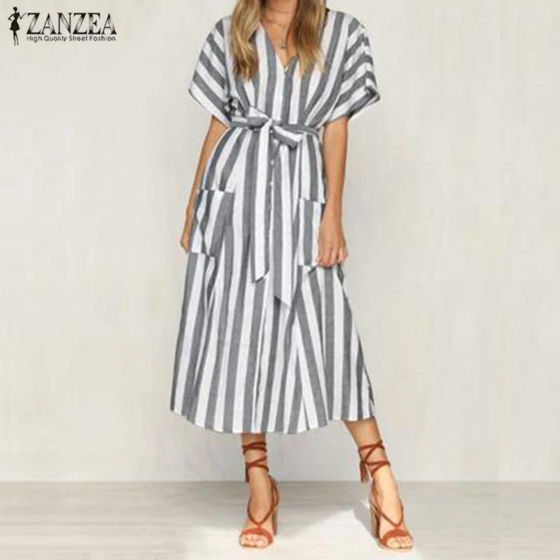 2019 ZANZEA Summer Short Sleeve Dress Women Casual V Neck Tie Belt Split Sundress Elegant Striped OL Chic Long Shirt Vestidos
2019 ZANZEA Summer Short Sleeve Dress Women Casual V Neck Tie Belt Split Sundress Elegant Striped OL Chic Long Shirt Vestidos