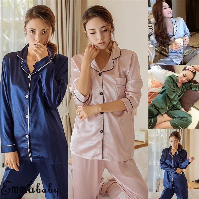 2Pcs Women Silk Satin Casual Loose Solid Pajamas Set Long Sleeve Tops+Pants Sleepwear Nightwear Autumn Clothes
2Pcs Women Silk Satin Casual Loose Solid Pajamas Set Long Sleeve Tops+Pants Sleepwear Nightwear Autumn Clothes