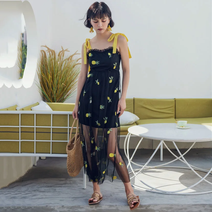 Новинка 2020 летнее платье женское черное желтое Ананасовое праздничное Пляжное