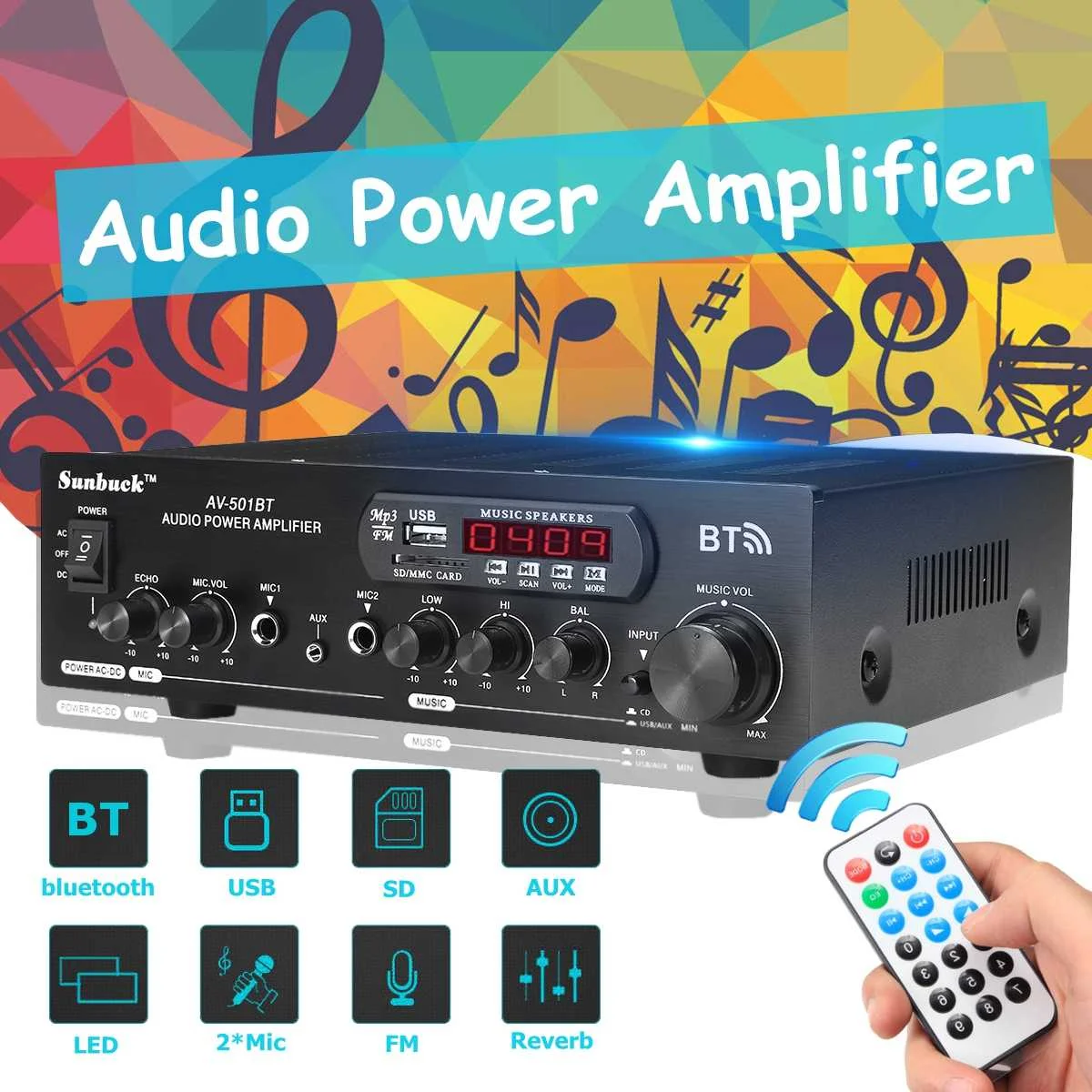 bluetooth Audio Power Amplifier 2000W 110V/220V DC 12V AUX input USB SD 2 x Mic input Home Theater Amplifiers
bluetooth Audio Power Amplifier 2000W 110V/220V DC 12V AUX input USB SD 2 x Mic input Home Theater Amplifiers