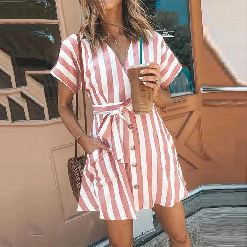 Women Striped Pocket Dress Casual Ladies Short Sleeve V Neck Button Sashes Dress 2019 Summer Elegant Retro Mini Beach Dresses
Women Striped Pocket Dress Casual Ladies Short Sleeve V Neck Button Sashes Dress 2019 Summer Elegant Retro Mini Beach Dresses