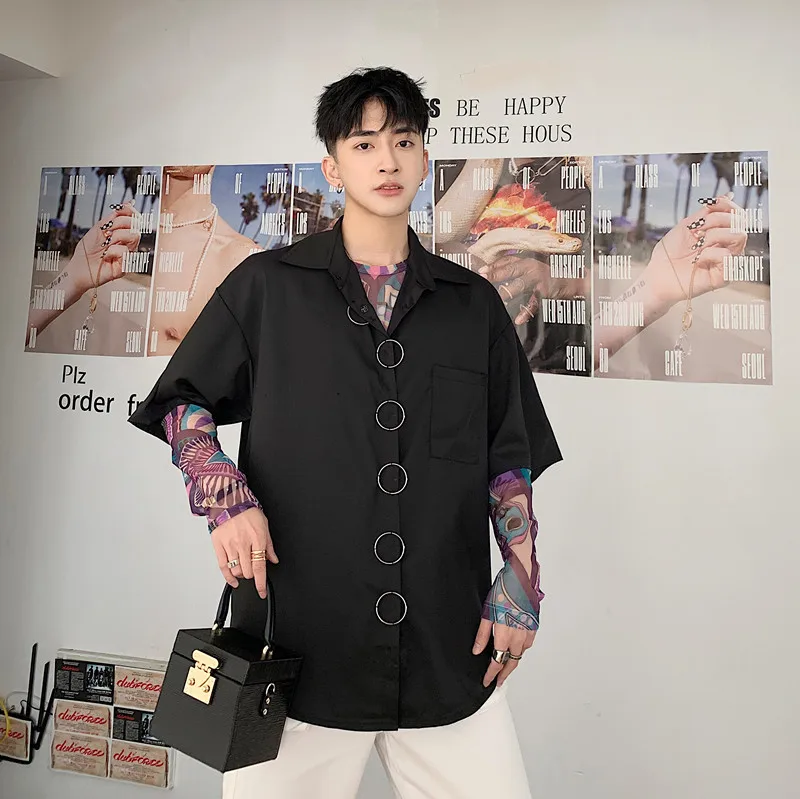 Fashion Tide Brand Design Metal Ring Solid Color Turn Down Collar Men Shirt 2019 Summer Personality Short Sleeve Male Shirts
Fashion Tide Brand Design Metal Ring Solid Color Turn Down Collar Men Shirt 2019 Summer Personality Short Sleeve Male Shirts